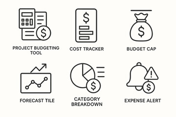 Financial management icons set - budgeting, cost, forecast, category breakdown, expense alert
