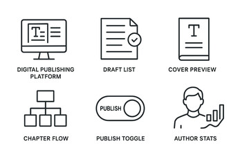 Digital publishing icons: platform, drafts, cover, flow, toggle, stats