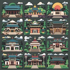 Stylized collection of traditional asian architecture showcasing diverse designs