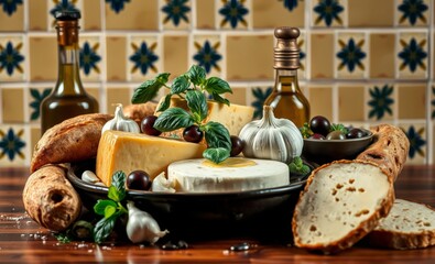 A symphony of culinary delights featuring a medley of cheeses basil garlic olives fragrant olive oil and crusty bread artfully arranged on a vibrant tile backsplash evoking a sense of Italian warmth a