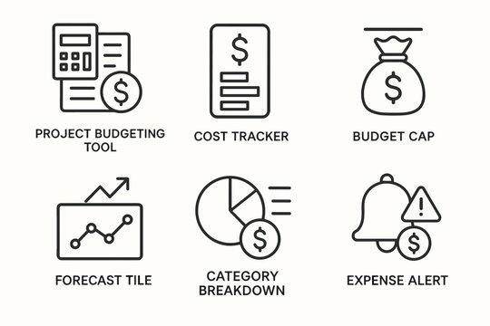 Financial management icons set - budgeting, cost, forecast, category breakdown, expense alert