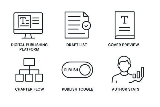 Digital publishing icons: platform, drafts, cover, flow, toggle, stats