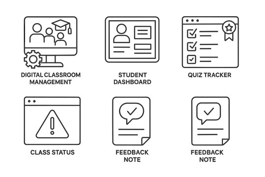Digital classroom icons: management, dashboard, quiz tracker, class status, feedback notes