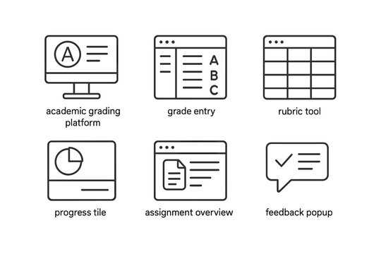 Academic grading tools: grade entry, rubric tool, progress tracking, assignment overview, feedback