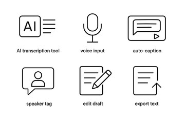 Ai transcription tool icons with voice input and auto-caption features