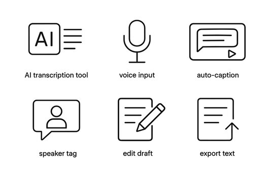 Ai transcription tool icons with voice input and auto-caption features