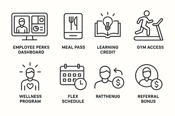 Icons for employee benefits: wellness, learning, fitness, flexibility, rewards
