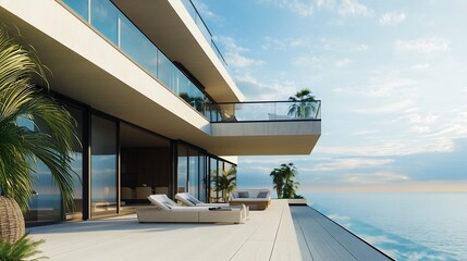 Fototapeta premium Elevated Coastal Retreat: Modern Villa Overlooking the Ocean with Tropical Vibes