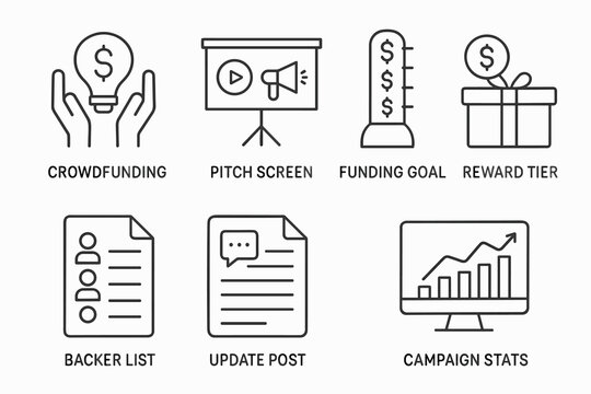 Crowdfunding campaign icons: lightbulb, presentation, goal, reward, backer, update, stats