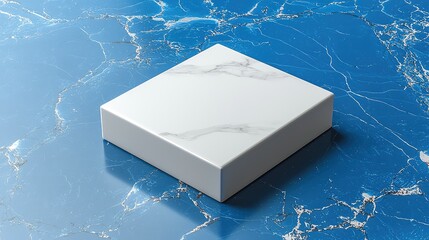 White marble square platform on a blue marbled surface.