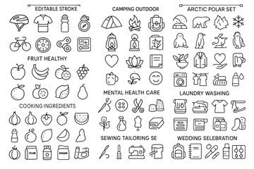 Collection of icon sets: camping, arctic animals, cooking, and more