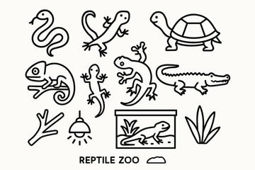 Reptile zoo icons: snakes, lizards, turtles, crocodile, iguana illustrations