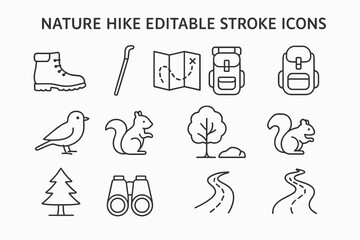 Nature hike icons: boots, maps, backpacks, animals, trails