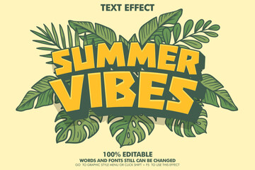 Pop art style text effect of Summer VIbes with tropical  leafs around.  Cartoon typography template design