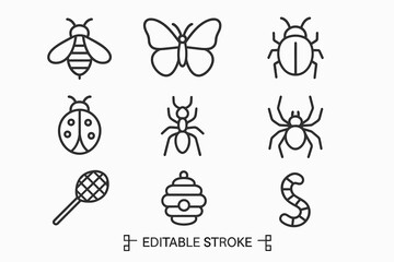 Insect outline icons: bee, butterfly, beetle, ladybug, ant, spider, swatter, beehive, worm