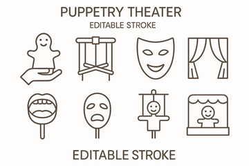 Fototapeta premium Puppetry theater icons: hand puppet, stage, mask, curtain, mouth, sad mask, marionette, booth