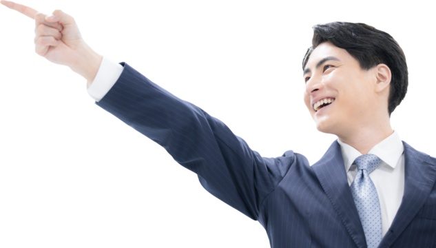 目標や成功、合格などを指を差すスーツを着た男性のビジネスシーン　未来や希望などの合格などのポシティブなイメージ	の背景透明png合成素材
