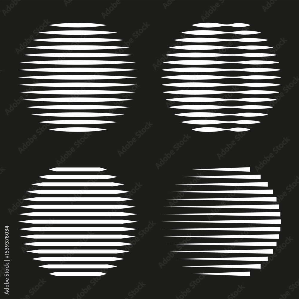Poster striped circle icons. horizontal line vector. monochrome shape set. optical design pattern.