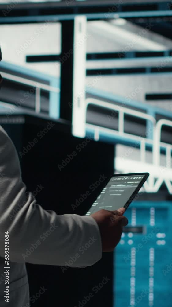 Poster vertical video data center technician using laptop to manage software updates for system stability. 