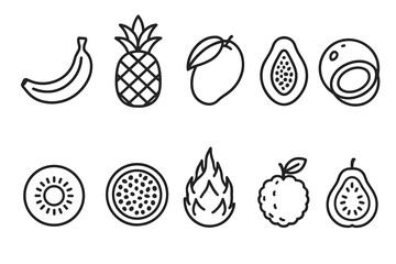 Line art of tropical fruits including banana, pineapple, mango, and more