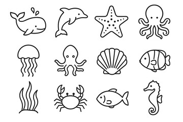 Simple marine life drawings featuring sea creatures and ocean elements