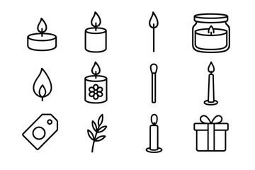 Candle icon set: minimalist outline designs with match, flame, and gift elements