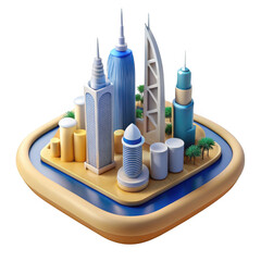 3d stylized dubai skyline icon isolated on transparent background