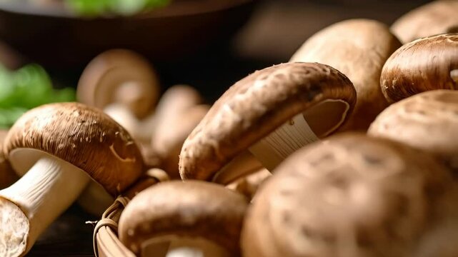 Pile of brown mushrooms in a basket, still life of fresh champignons for vegetarian meal preparation