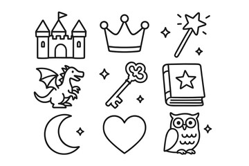 Fantasy icon set featuring castle, crown, and magical elements