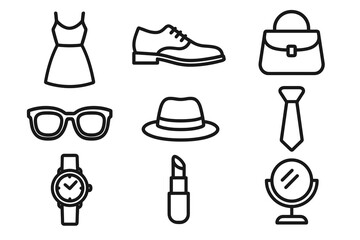 Fashion accessories icons set: dress, shoes, bag, sunglasses, hat, tie, watch, lipstick, mirror