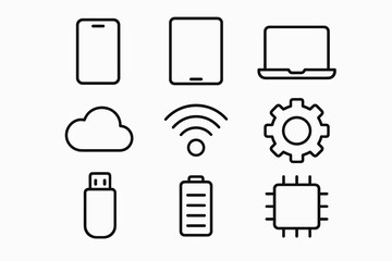 Minimalist icon set featuring smartphone tablet laptop cloud wifi gear usb battery chip