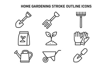 Home gardening tools outline icons featuring shovel, rake, gloves, and watering can