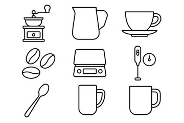 Outline icons of coffee grinder, mug, latte art tools, coffee beans, and scale