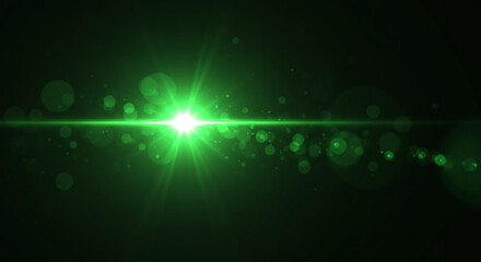 Green Light Flare Effect with Bokeh and Glowing Particles on Dark Background