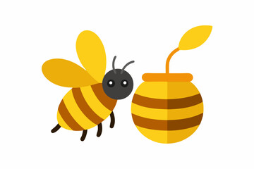 Cute cartoon bee and honey pot illustration