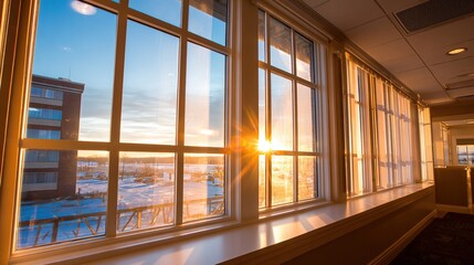 Golden sunset rays stream through large, multi-paned windows of a building, illuminating a snow-covered landscape and nearby structures. Sheer curtains softly frame the scene