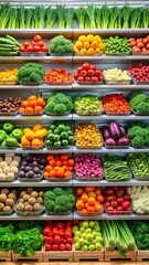 Obraz premium A neatly organized shelf in a supermarket with colorful vegetables and fruits arranged in an artistic way on display