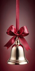 Elegant metallic bell suspended from a luxurious crimson satin ribbon