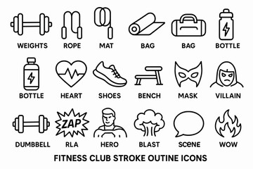 Fitness icons set: weights, rope, mat, bottle, heart, shoes, bench, mask, hero