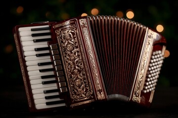 Red Accordion Musical Instrument  Close up  Detailed  Gold Accents  Dark Background
