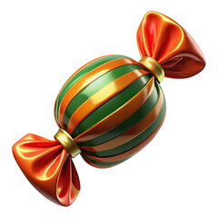 Striped green and orange candy in glossy wrapper isolated on transparent background