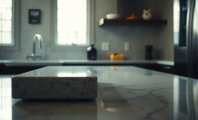 A sleek off-white granite countertop bathed in a gentle out-of-focus blur stands as the focal point ready to showcase the elegance and sophistication of any product or design it graces