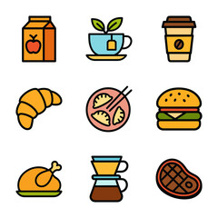 Colorful Food Icons Breakfast Lunch Dinner. Icon Symbol Illustration