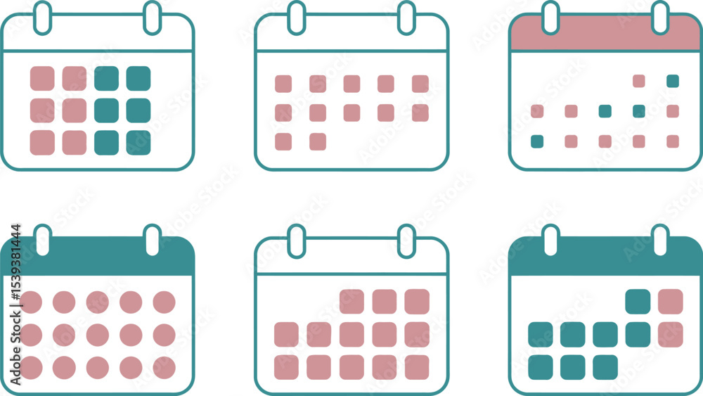 Poster six stylized vector calendars in various arrangements with different colors to represent scheduling 