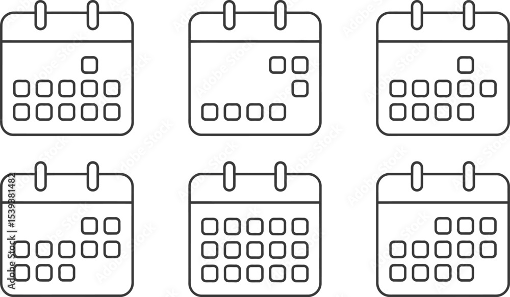 Poster various calendar icons in outline style representing dates and schedules for time management or remi