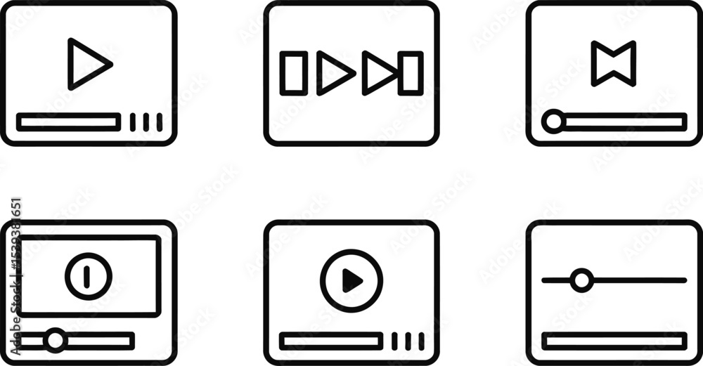 Poster collection of minimalist media player icons representing play pause rewind forward and adjusting con