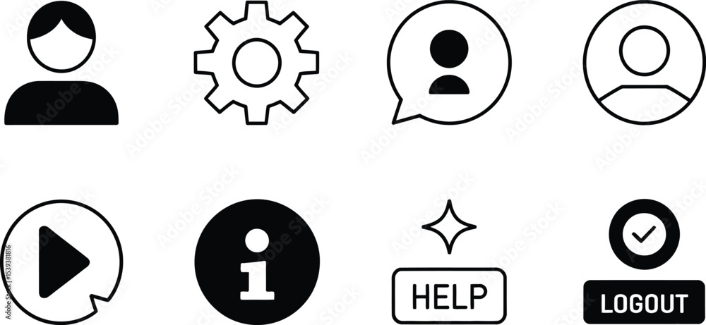 Poster user interface icon set featuring profile settings help and logout options for digital design