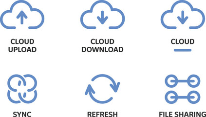 Modern and simple cloud computing icons representing upload download sync and file sharing operations
