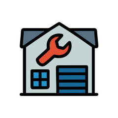 Garage repair building with tools. Icon Symbol Illustration