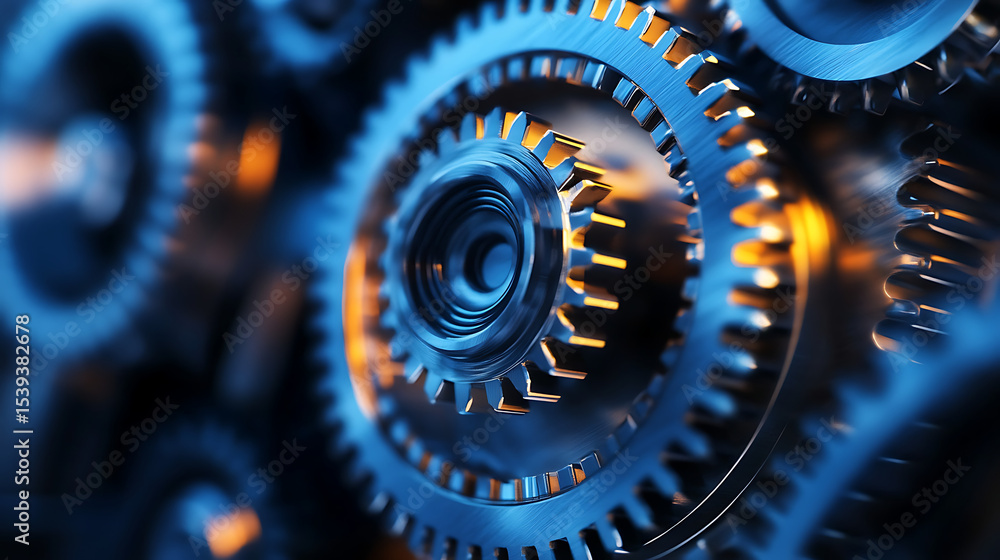 Poster a close up of a blue gear with a yellow center. the gears are all different sizes and are all connec
